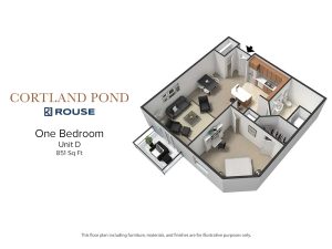 Floor Plan for Cortland Pond One Bedroom Unit D at 851 square feet
