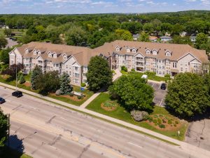 Aerial shot of Olbrich by the Lake apartment building