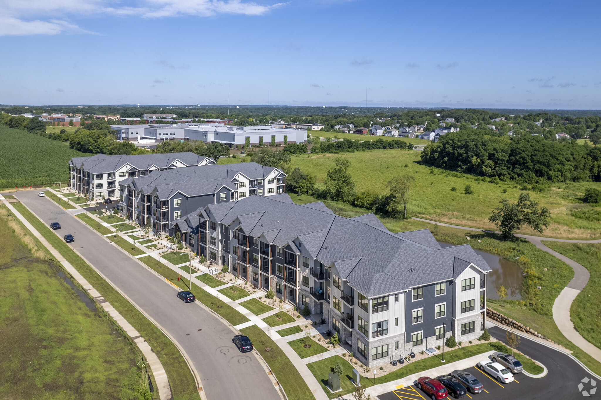 a view of Irish Fields apartments as seen from a drone